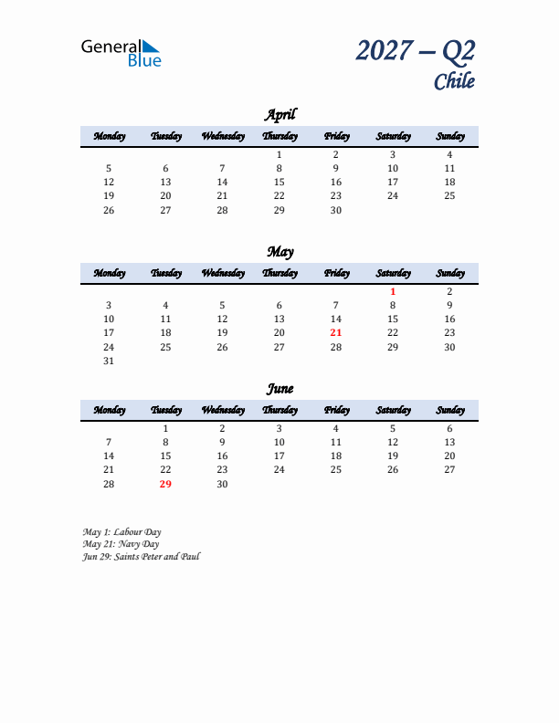 April, May, and June Calendar for Chile with Monday Start