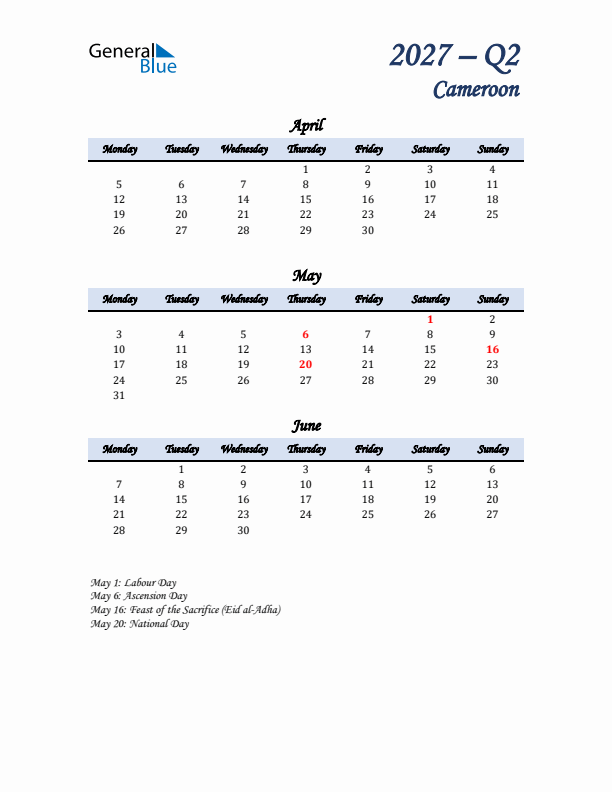 April, May, and June Calendar for Cameroon with Monday Start