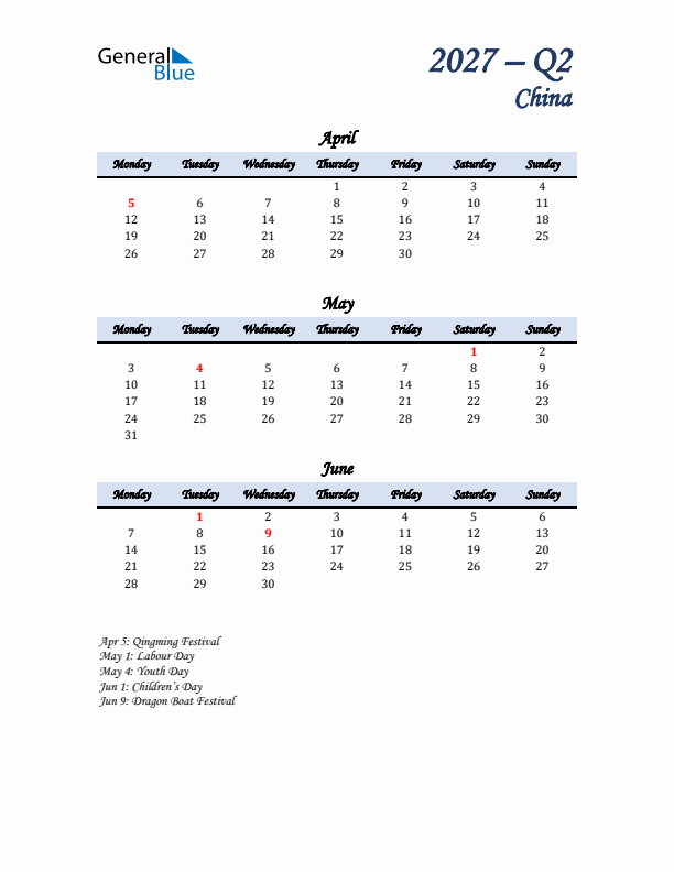 April, May, and June Calendar for China with Monday Start