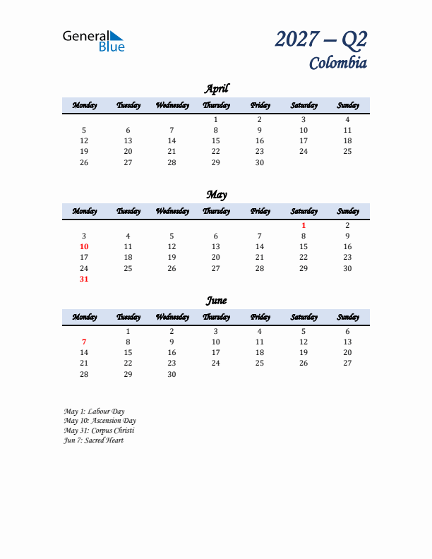 April, May, and June Calendar for Colombia with Monday Start