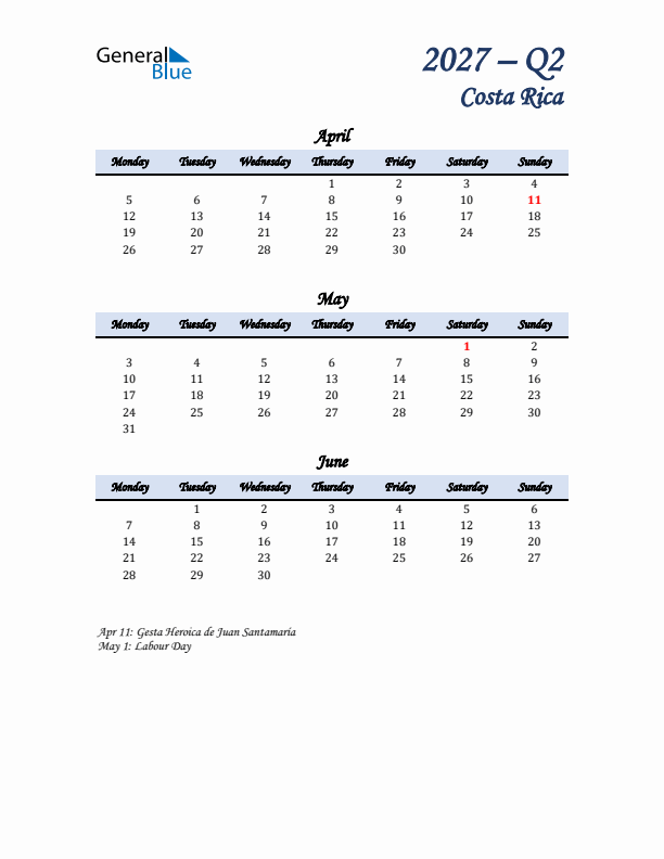 April, May, and June Calendar for Costa Rica with Monday Start