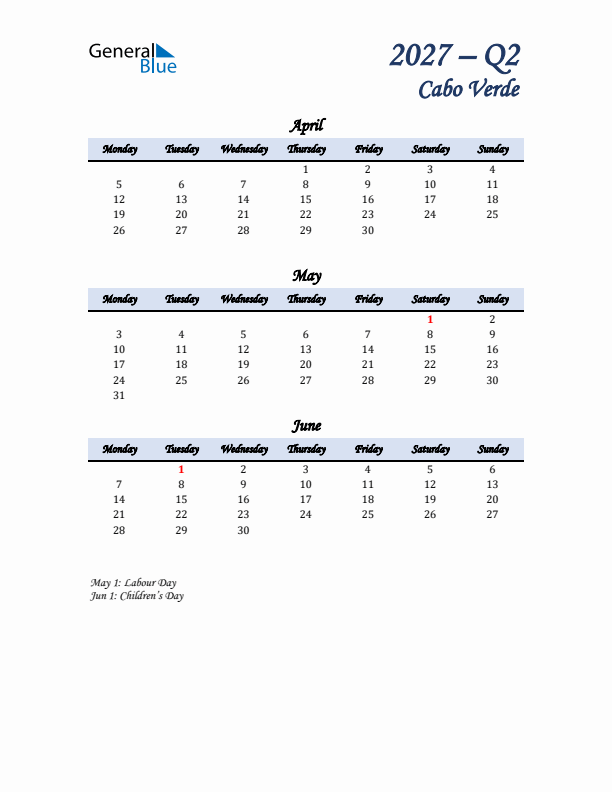 April, May, and June Calendar for Cabo Verde with Monday Start