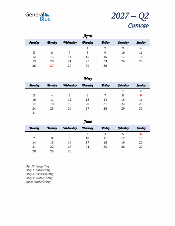 April, May, and June Calendar for Curacao with Monday Start