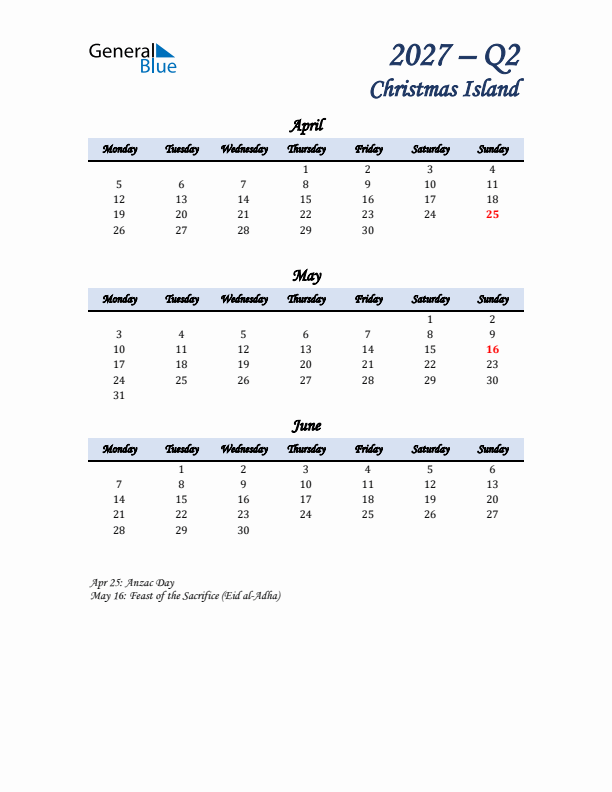 April, May, and June Calendar for Christmas Island with Monday Start