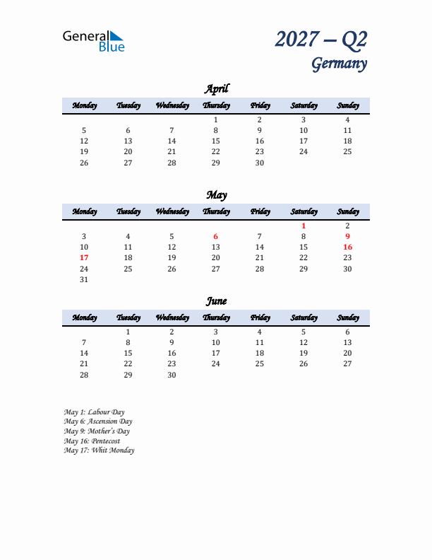 April, May, and June Calendar for Germany with Monday Start