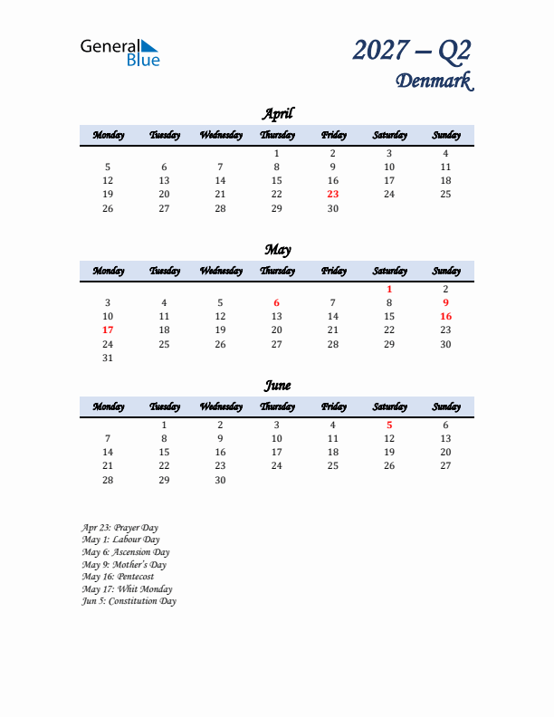 April, May, and June Calendar for Denmark with Monday Start