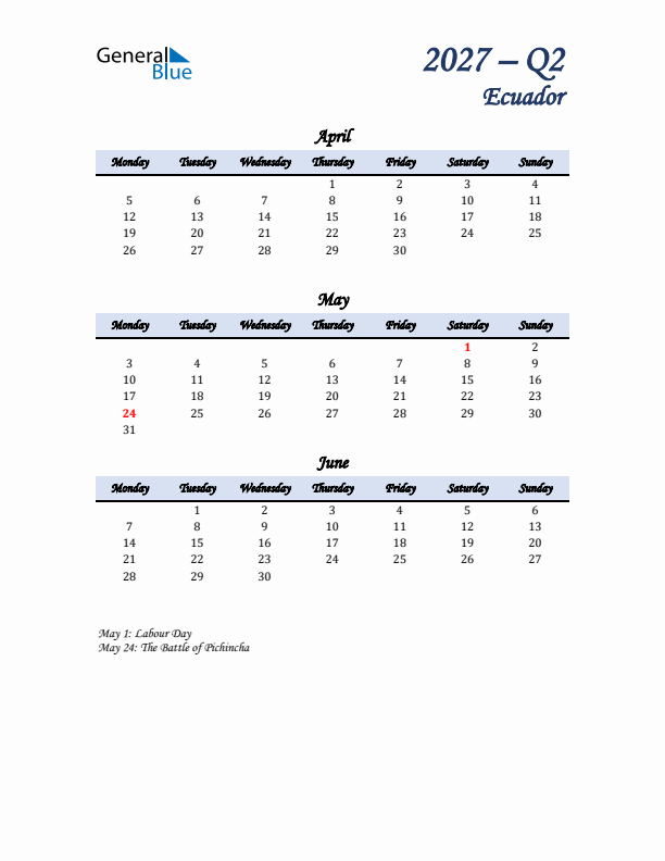 April, May, and June Calendar for Ecuador with Monday Start