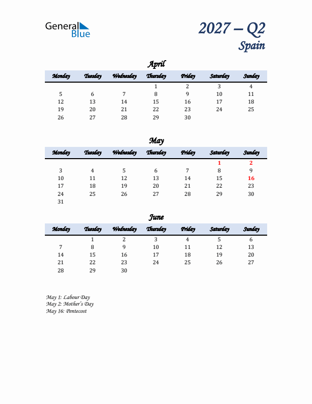 April, May, and June Calendar for Spain with Monday Start