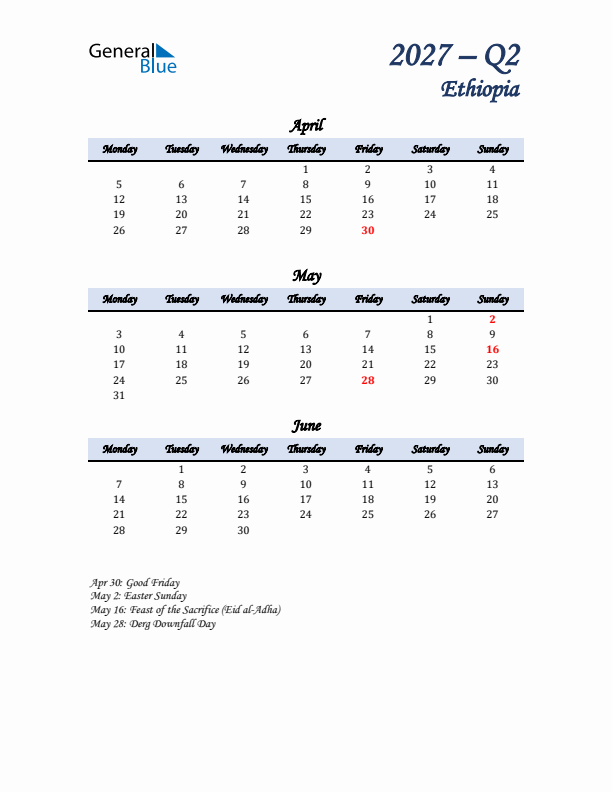 April, May, and June Calendar for Ethiopia with Monday Start