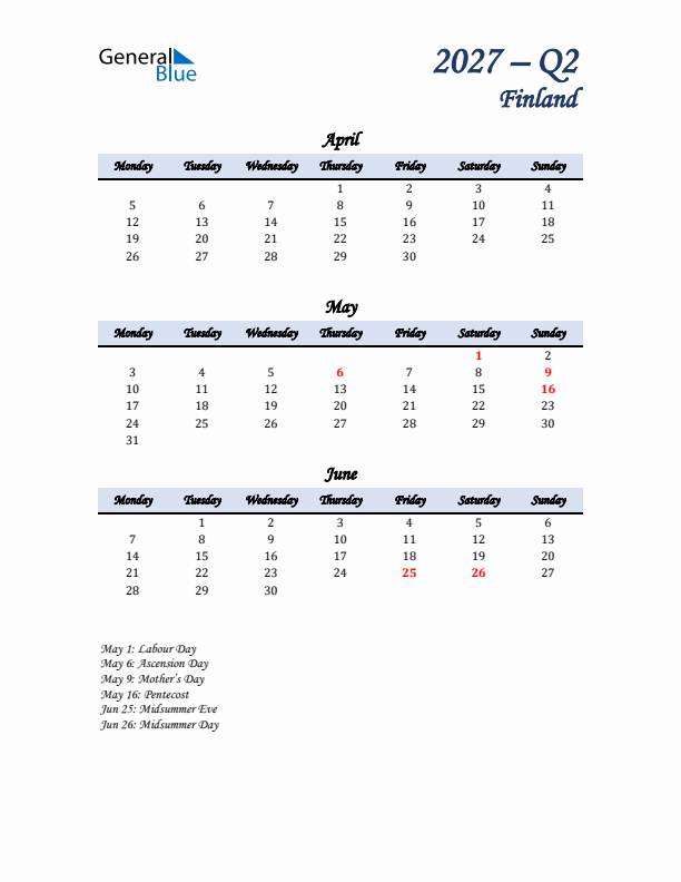 April, May, and June Calendar for Finland with Monday Start