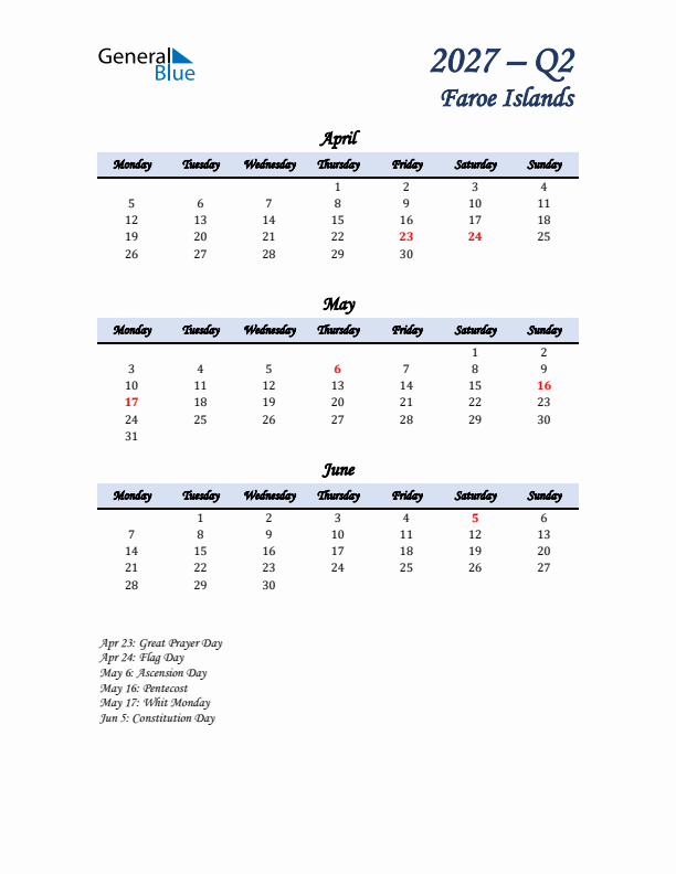 April, May, and June Calendar for Faroe Islands with Monday Start