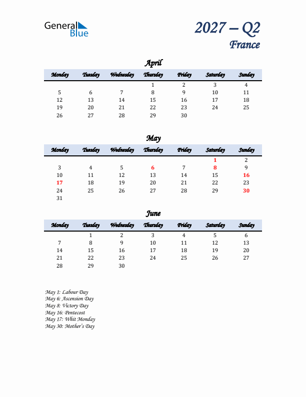 April, May, and June Calendar for France with Monday Start