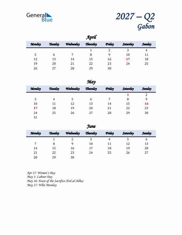 April, May, and June Calendar for Gabon with Monday Start