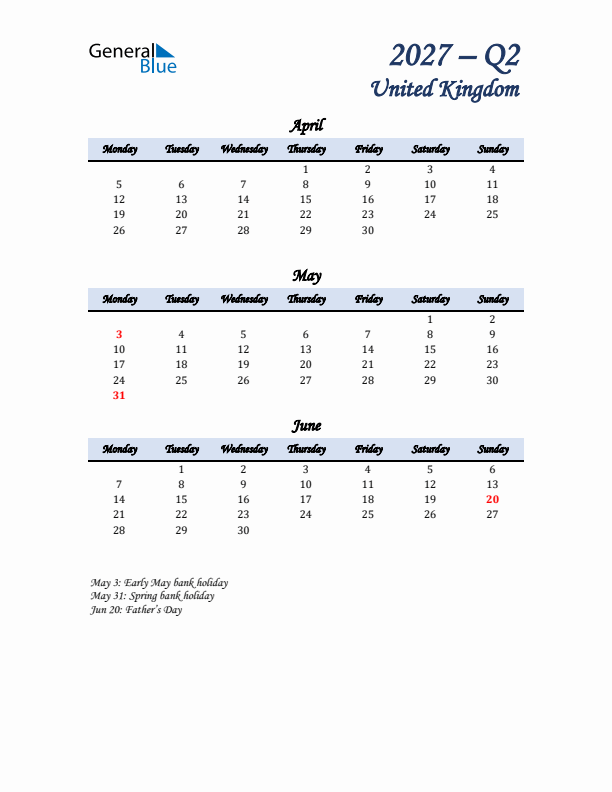 April, May, and June Calendar for United Kingdom with Monday Start