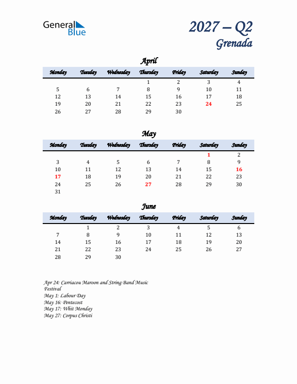 April, May, and June Calendar for Grenada with Monday Start