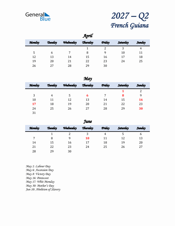 April, May, and June Calendar for French Guiana with Monday Start