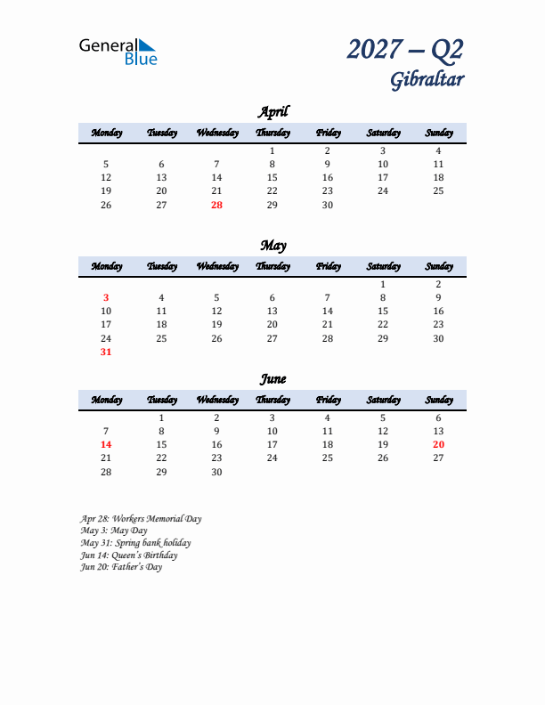 April, May, and June Calendar for Gibraltar with Monday Start