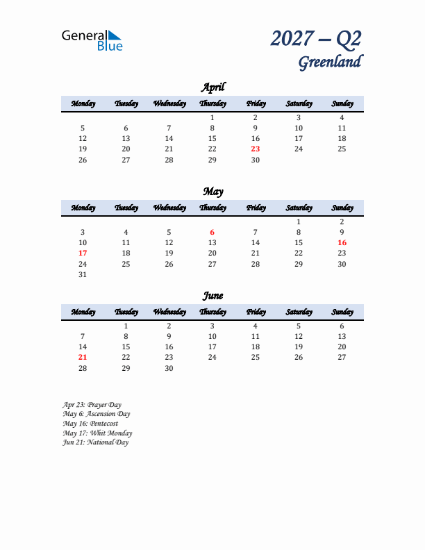 April, May, and June Calendar for Greenland with Monday Start