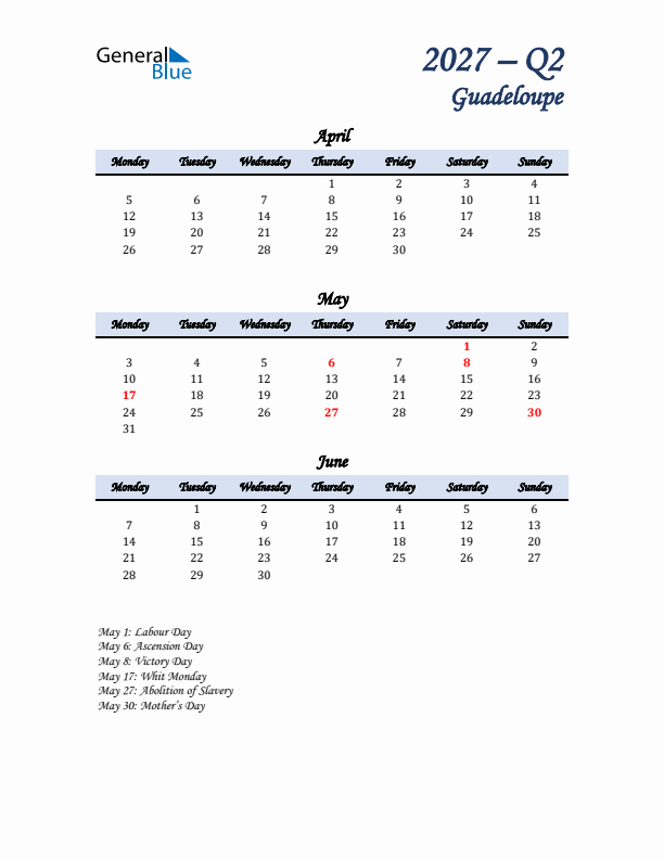 April, May, and June Calendar for Guadeloupe with Monday Start