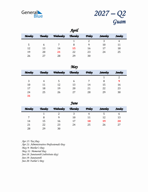 April, May, and June Calendar for Guam with Monday Start