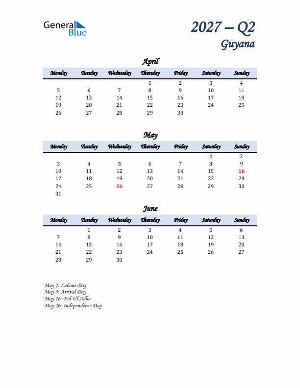 April, May, and June Calendar for Guyana with Monday Start