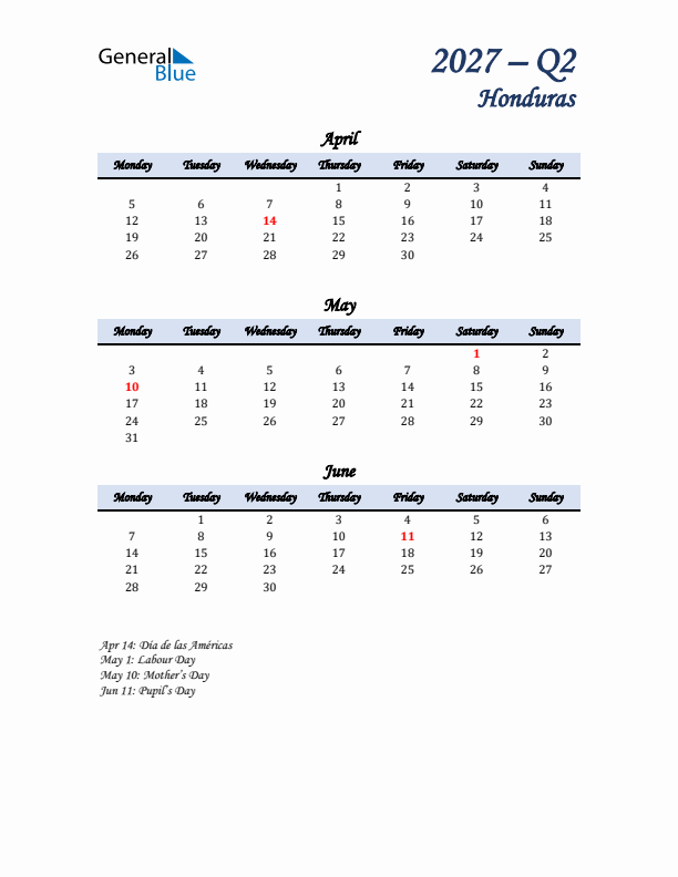 April, May, and June Calendar for Honduras with Monday Start