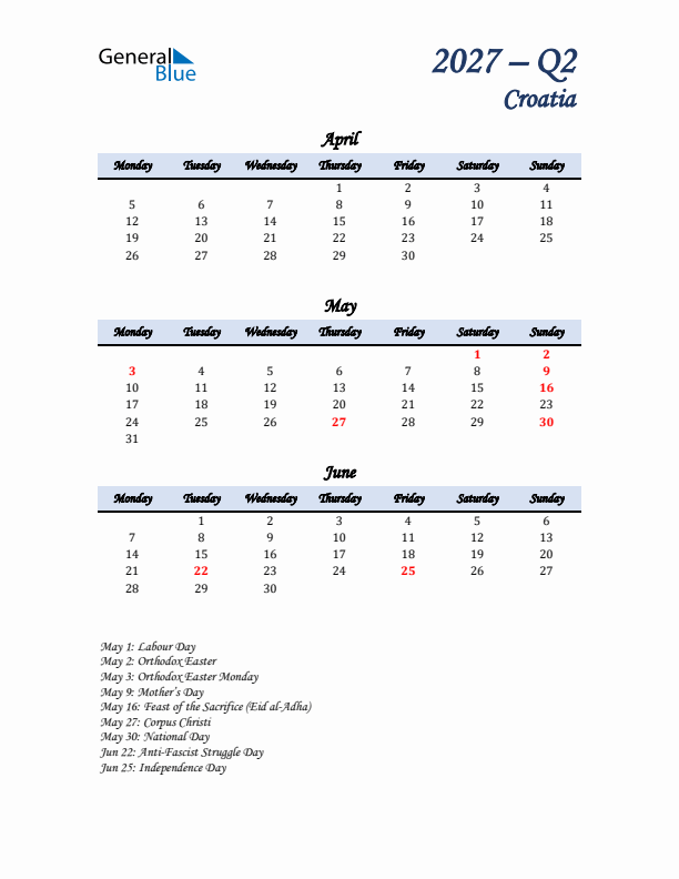 April, May, and June Calendar for Croatia with Monday Start