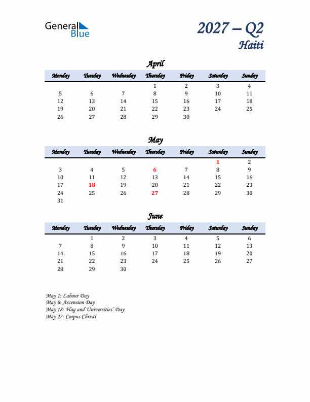 April, May, and June Calendar for Haiti with Monday Start