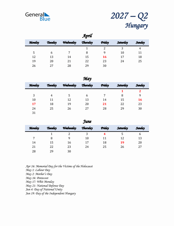 April, May, and June Calendar for Hungary with Monday Start