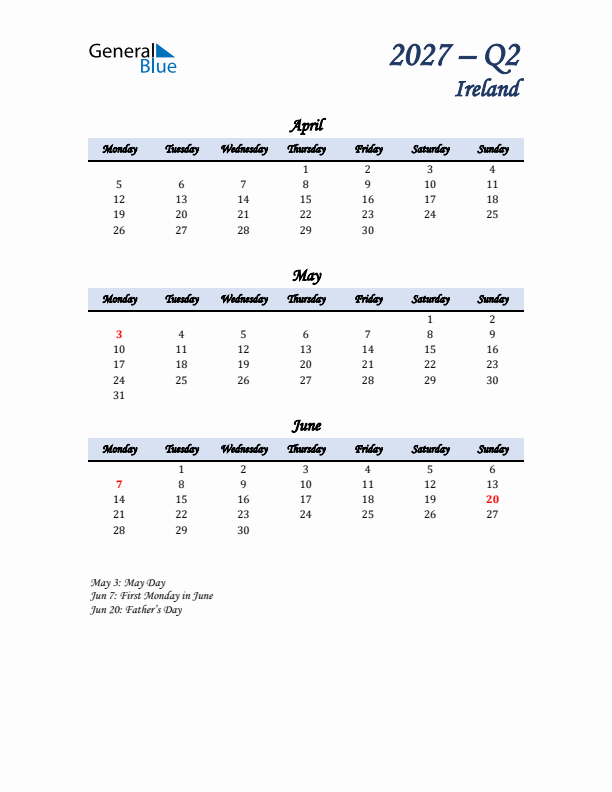 April, May, and June Calendar for Ireland with Monday Start