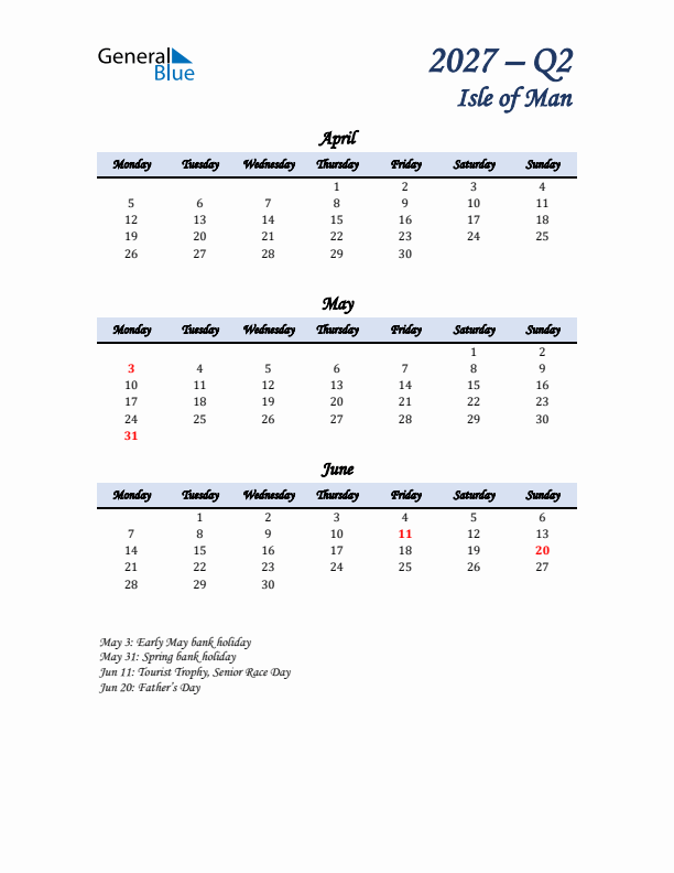 April, May, and June Calendar for Isle of Man with Monday Start