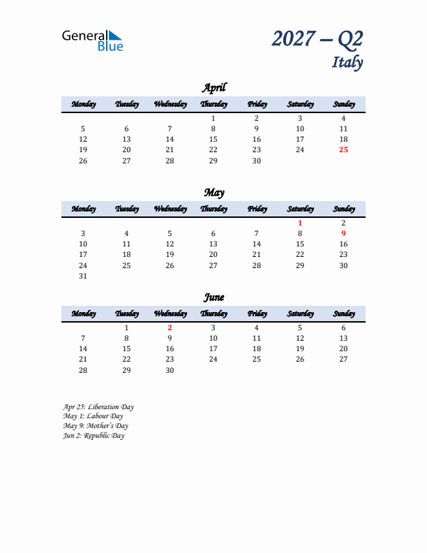 April, May, and June Calendar for Italy with Monday Start