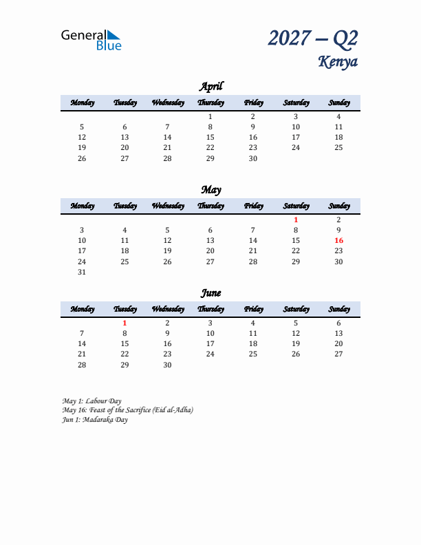 April, May, and June Calendar for Kenya with Monday Start