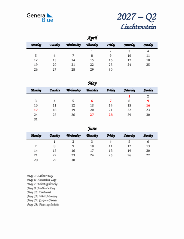 April, May, and June Calendar for Liechtenstein with Monday Start