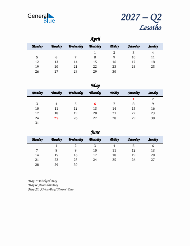 April, May, and June Calendar for Lesotho with Monday Start