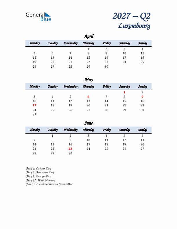 April, May, and June Calendar for Luxembourg with Monday Start