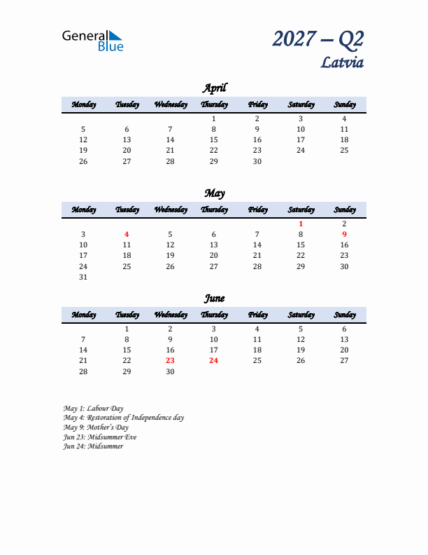 April, May, and June Calendar for Latvia with Monday Start