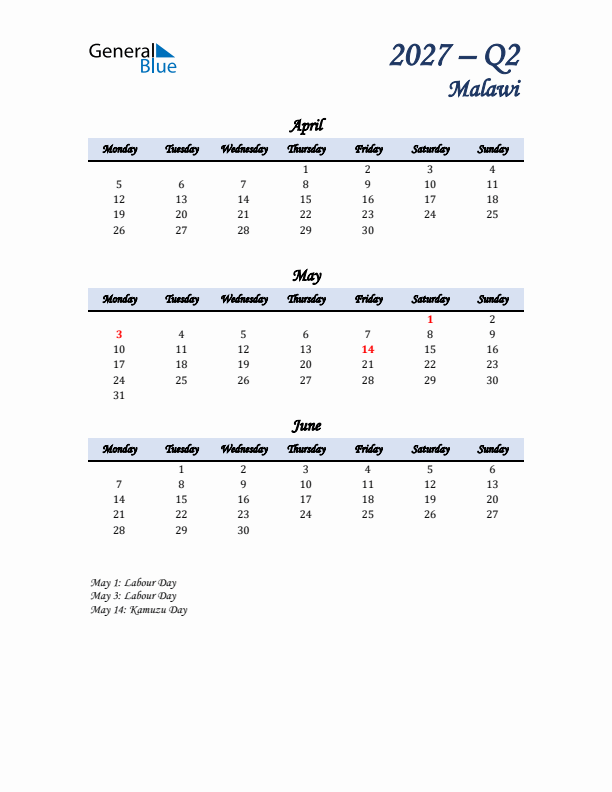 April, May, and June Calendar for Malawi with Monday Start