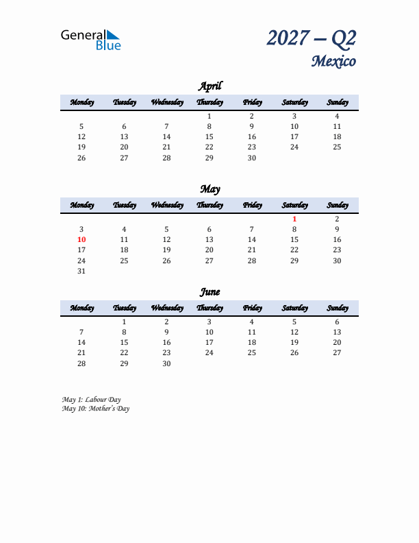 April, May, and June Calendar for Mexico with Monday Start