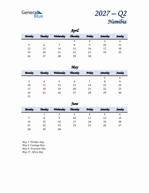 April, May, and June Calendar for Namibia with Monday Start