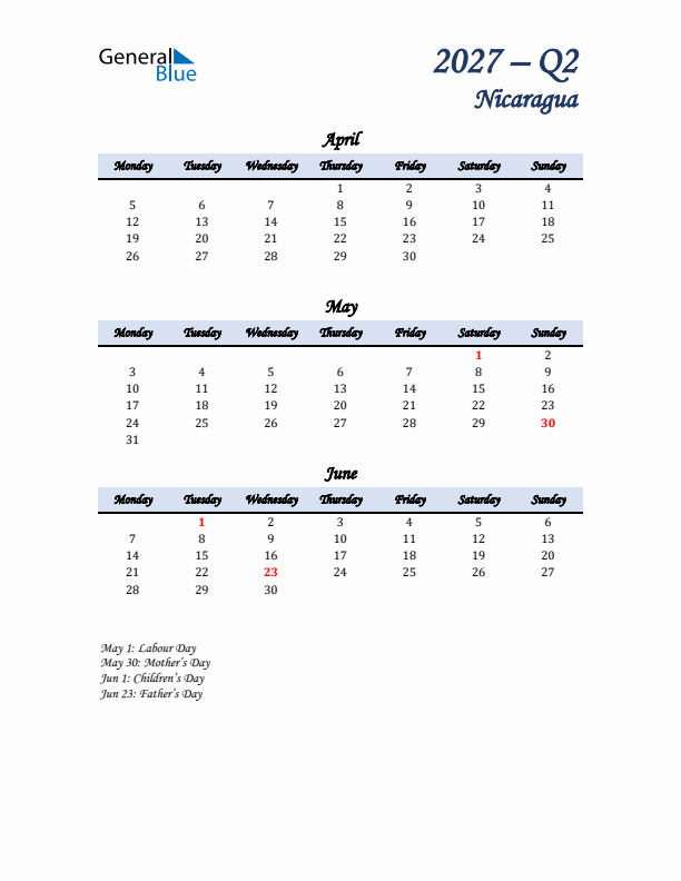 April, May, and June Calendar for Nicaragua with Monday Start