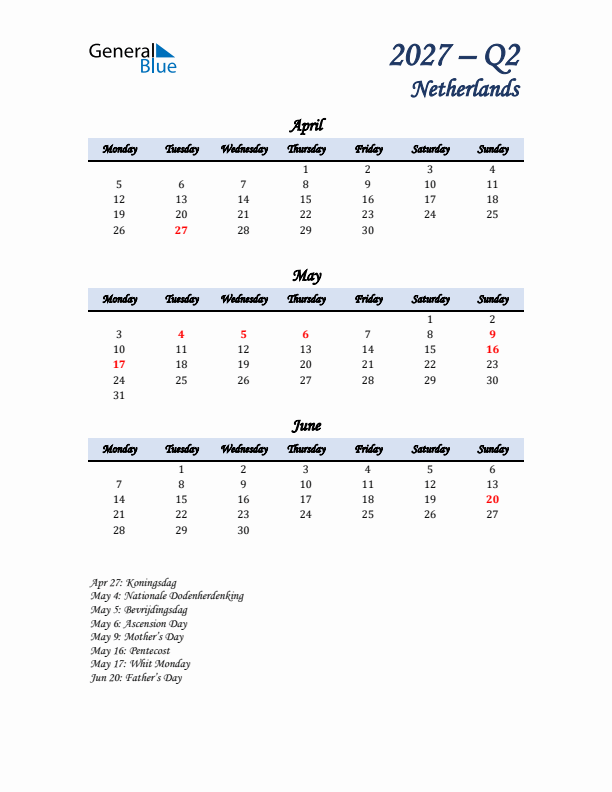 April, May, and June Calendar for The Netherlands with Monday Start