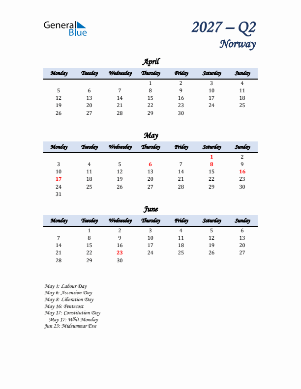 April, May, and June Calendar for Norway with Monday Start