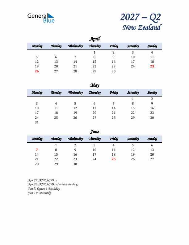 April, May, and June Calendar for New Zealand with Monday Start