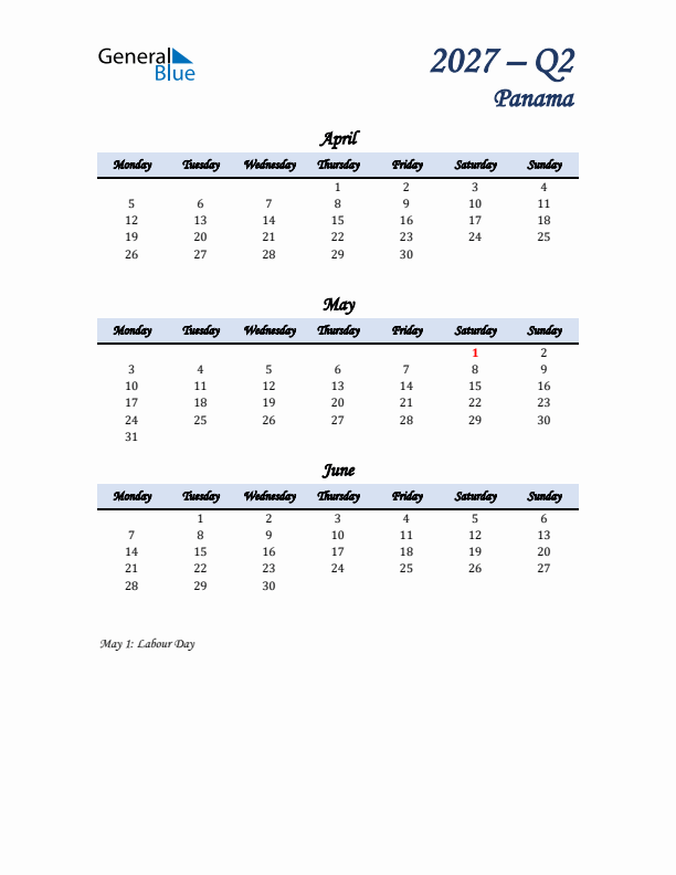 April, May, and June Calendar for Panama with Monday Start