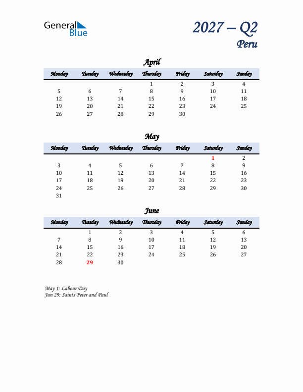 April, May, and June Calendar for Peru with Monday Start