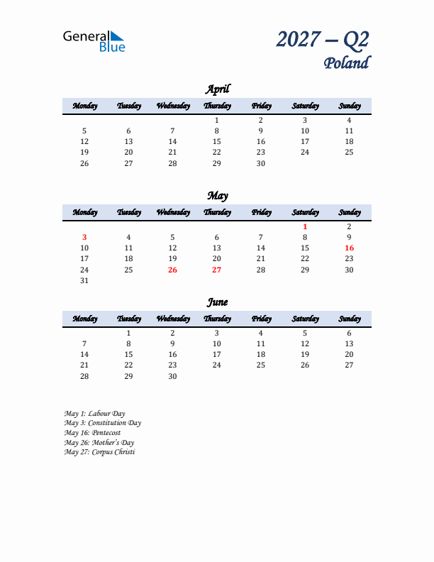 April, May, and June Calendar for Poland with Monday Start