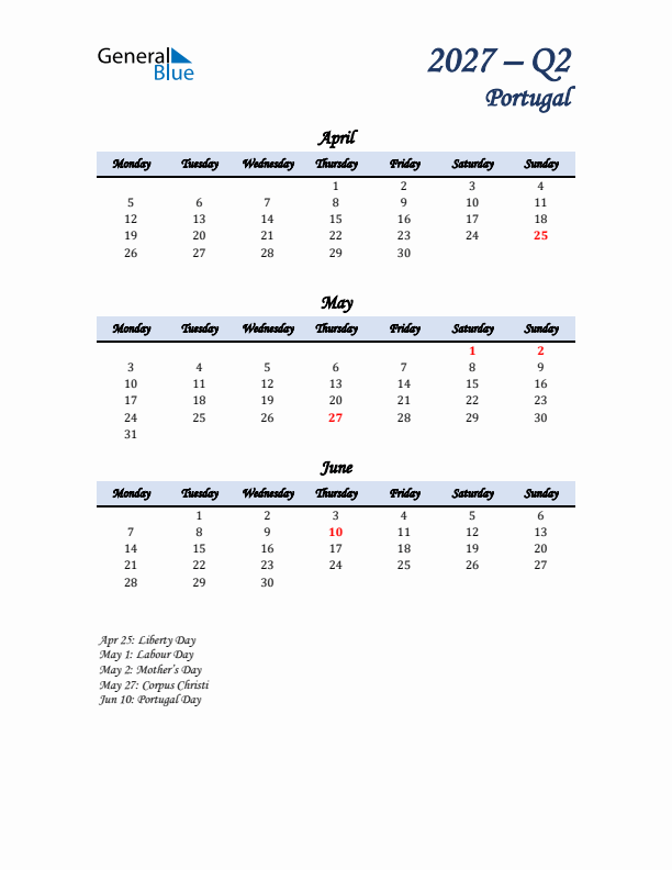 April, May, and June Calendar for Portugal with Monday Start