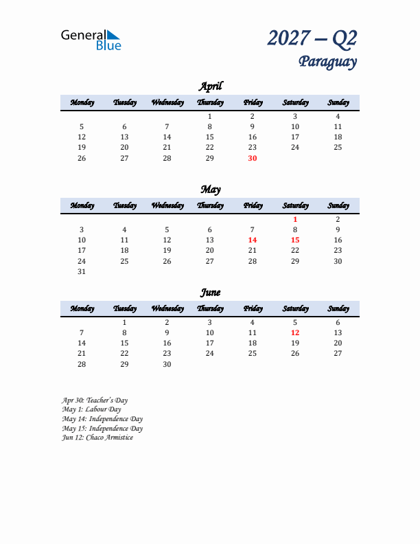 April, May, and June Calendar for Paraguay with Monday Start