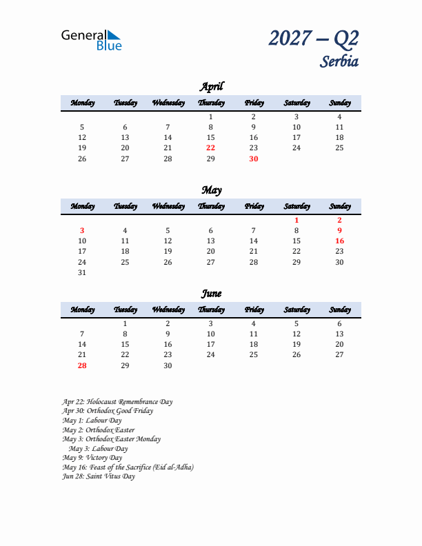 April, May, and June Calendar for Serbia with Monday Start